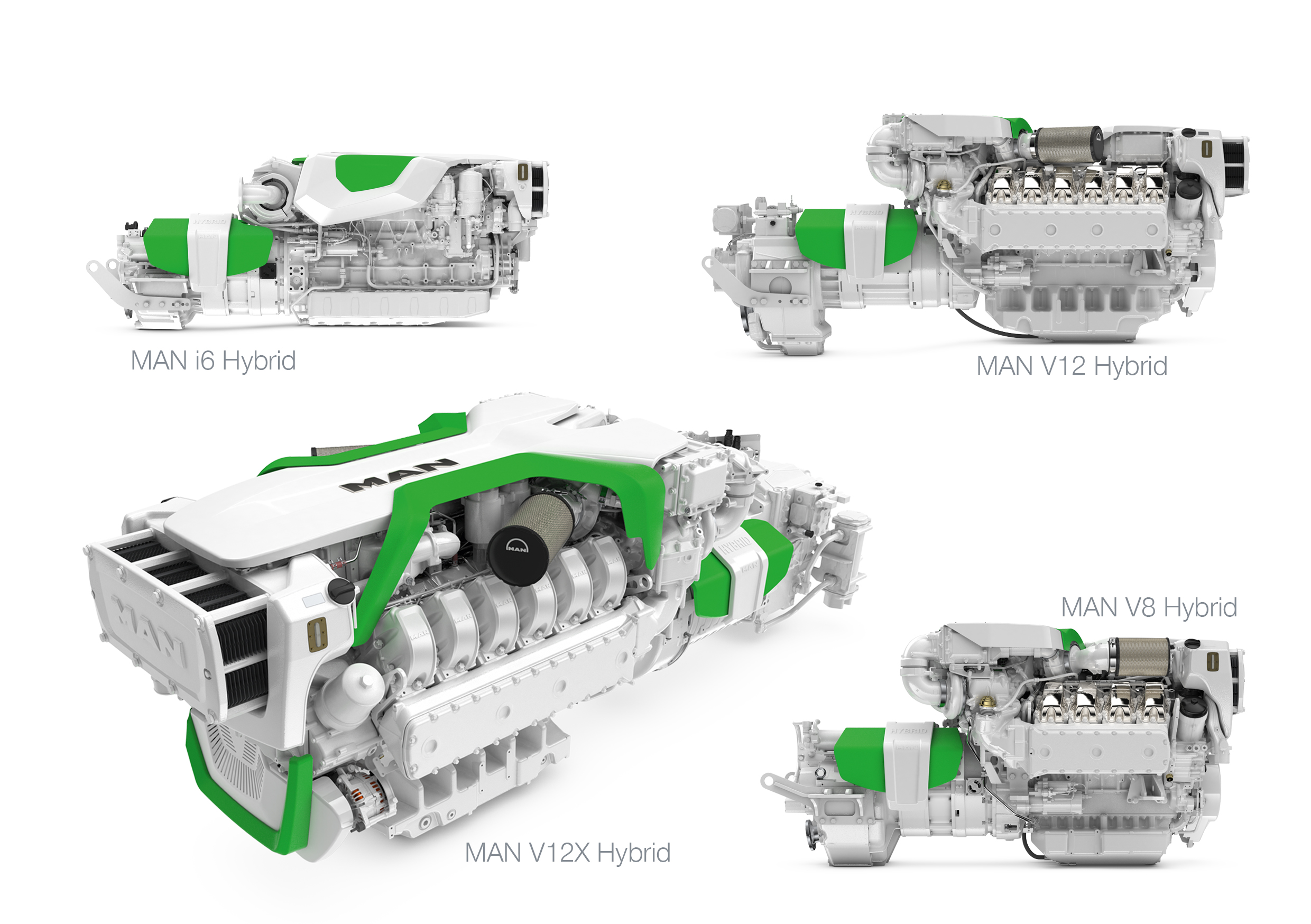 The MAN V12X Hybrid (bottom left) complements the existing yacht hybrid range of in-line six-cylinder, V12 and V8 (from top left to bottom right) to over 2,000 kW