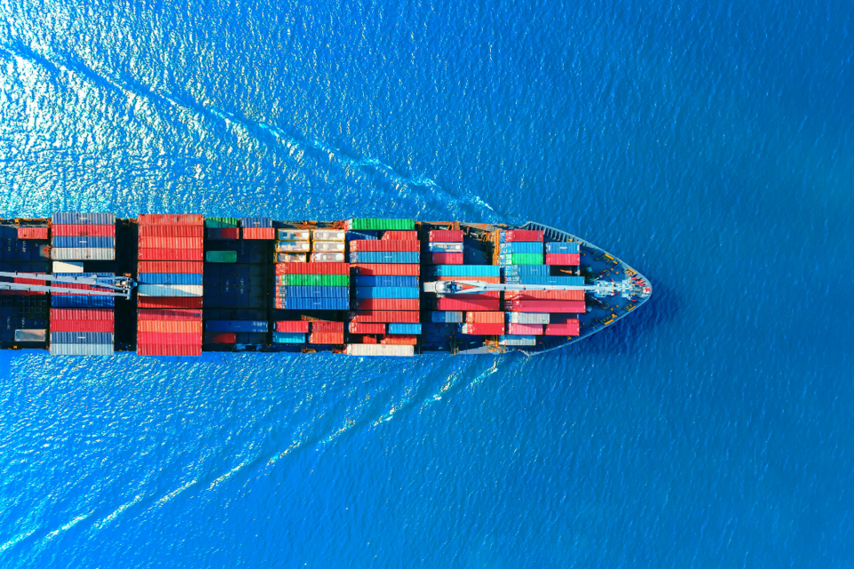 Aerial top view of a full container ship