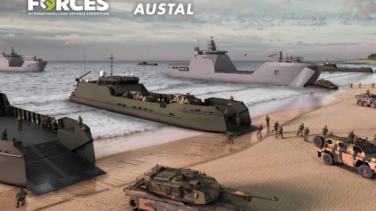 Land Forces International Land Defence Exposition social tile featuring Austal branding, depicting a CGI landing craft beach scene with military vehicles and personnel