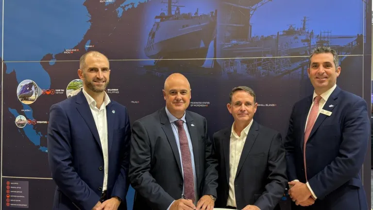 Austal and BMT representatives at the signing of their strategic agreement at IODS 2026 in Perth.