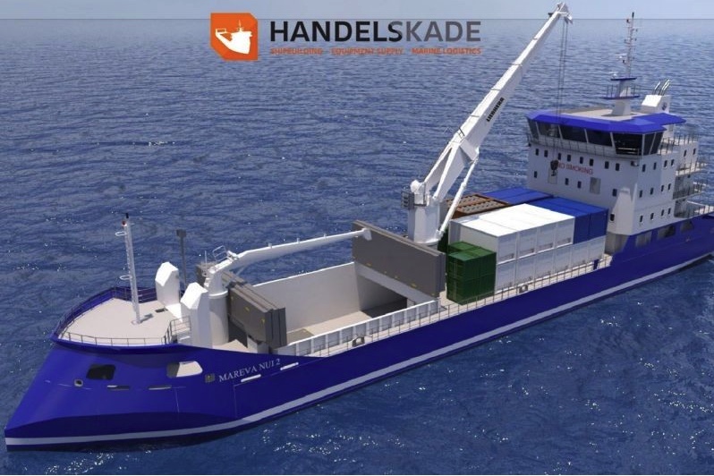 Handelskade rendering of the blue Mareva Nui II multipurpose vessel at sea, with a white Liebherr ship crane on deck